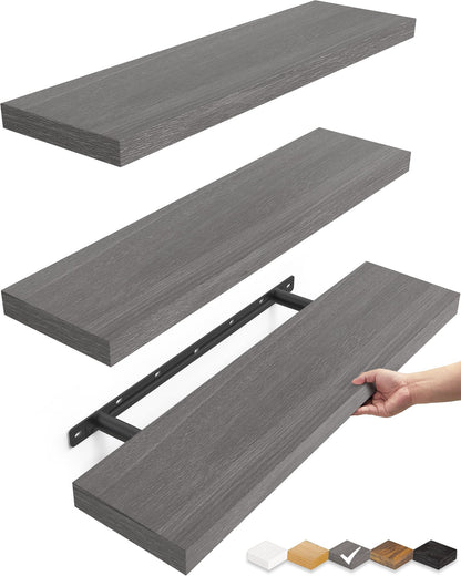BAYKA Floating Shelves for Wall, Wall Mounted Rustic Wood Shelves for Bathroom, Bedroom, Living Room, Kitchen, Hanging Shelf for Books/Storage/Room Decor with 22lbs Capacity (Black, Set of 3, 15.7in)