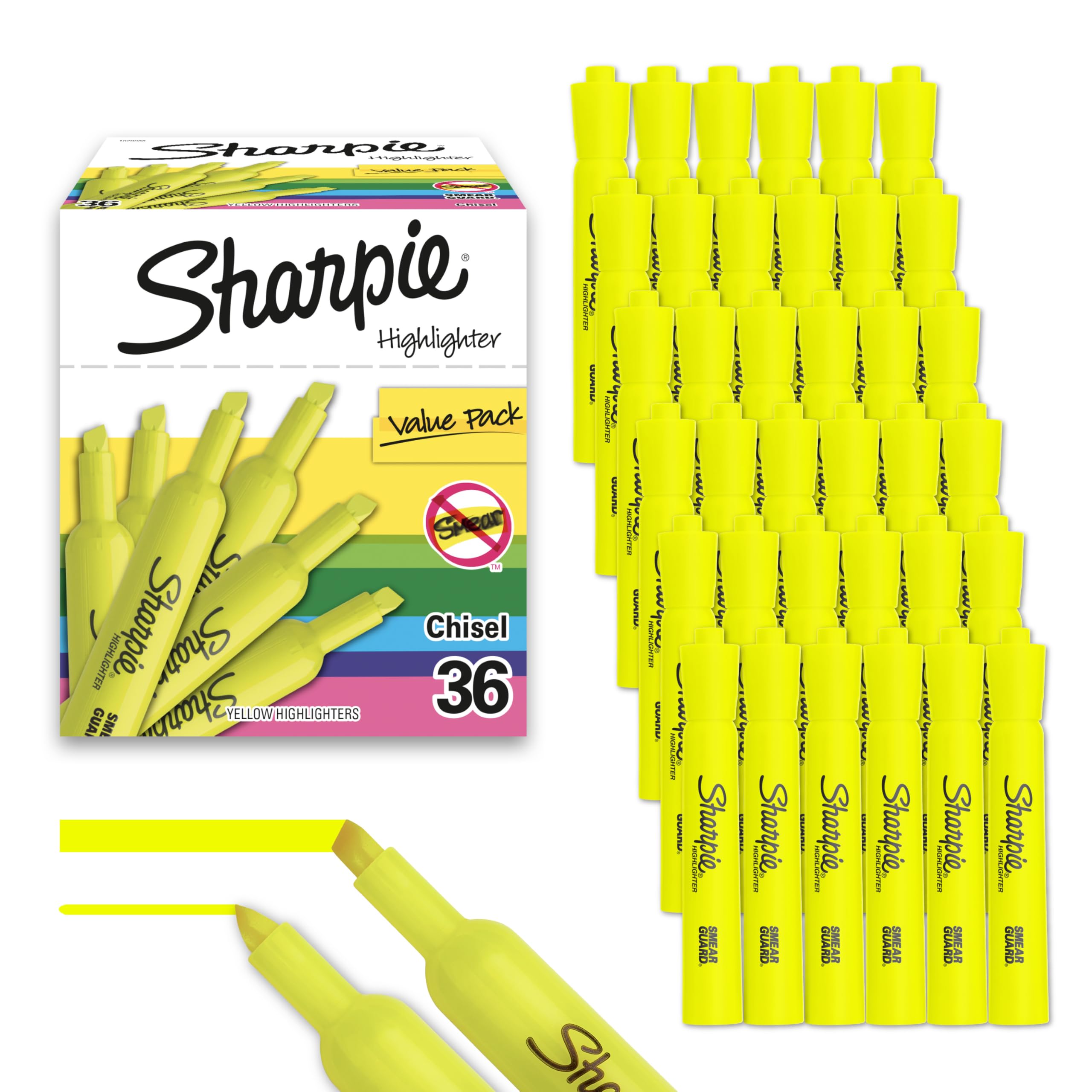 Sharpie Tank Highlighters, Fluorescent And Pastel Highlighters, Chisel Tip, Highlighter Markers Set, Assorted Colors, Value Pack, 36 Count - School, Office, Teacher Supplies