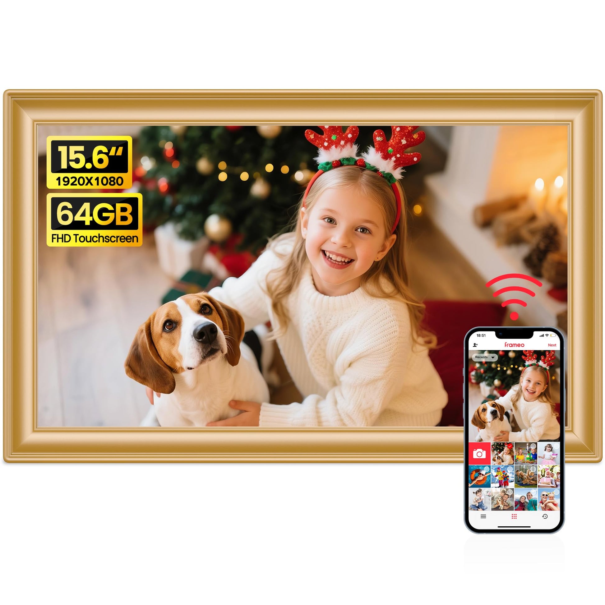 64GB 15.6" Frameo Digital Picture Frame WiFi, Large Electronic Photo Frames 1920 x 1080 IPS FHD Touch Screen, Send Photos from Your Phone from Anywhere, Best Gifts for Parents and Grandparents