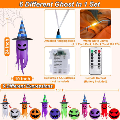 Halloween Decorations 6 Pcs Lighted Hanging Witch Hat Ghosts, 8 Modes Remote Control, 13 FT Long Halloween String Lights Holiday Decor for Indoor Outdoor Yard, Lawn, Scary Theme Party