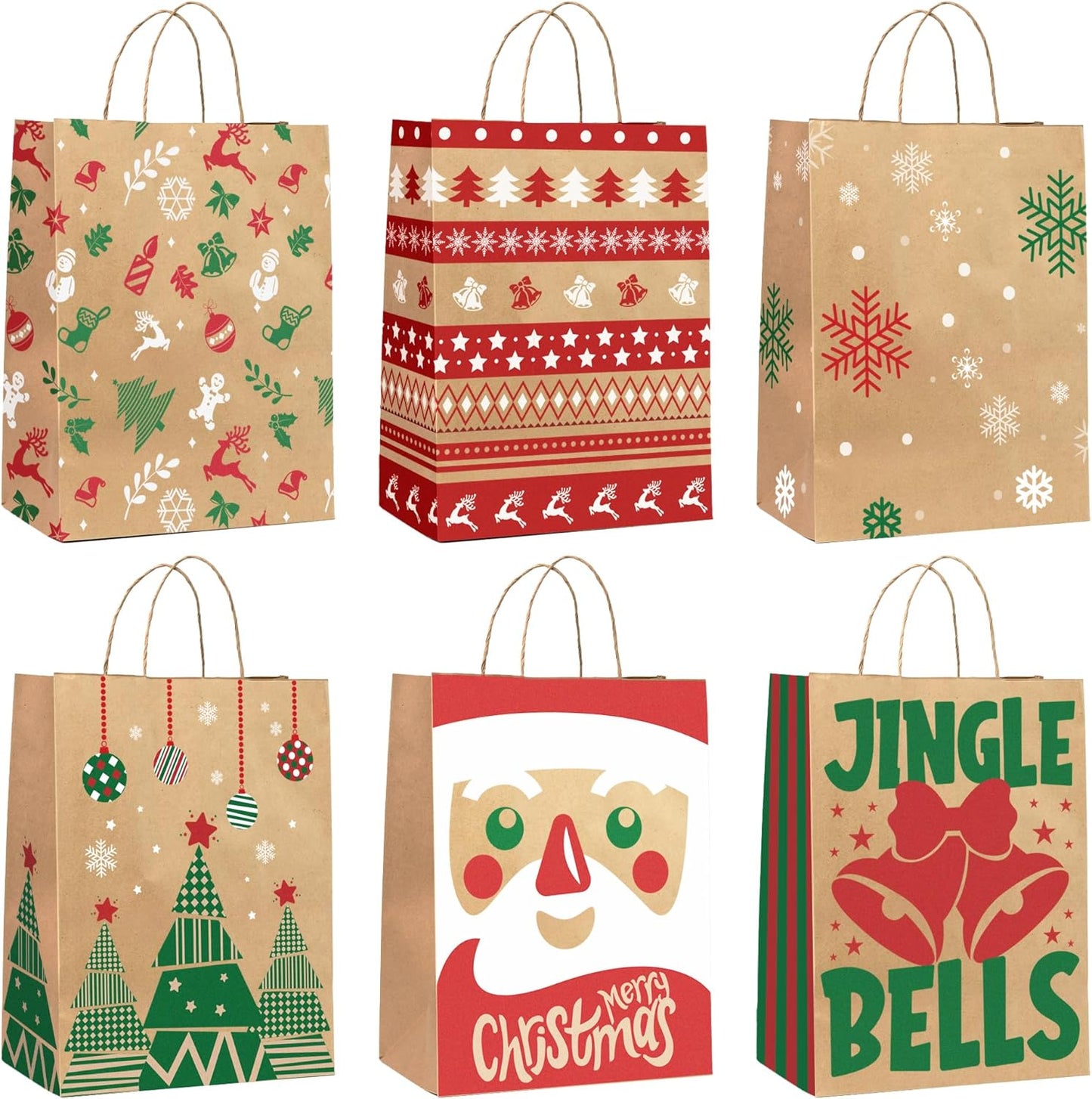 24-Pack Christmas Gift Bags – 6 Assorted Xmas Designs, Small Christmas Goody Bags Bulk with Handles for Wrapping Gifts, Party Favors and Holiday Decor