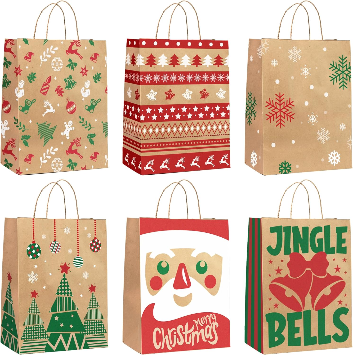 24-Pack Christmas Gift Bags – 6 Assorted Xmas Designs, Small Christmas Goody Bags Bulk with Handles for Wrapping Gifts, Party Favors and Holiday Decor