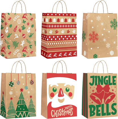 24-Pack Christmas Gift Bags – 6 Assorted Xmas Designs, Small Christmas Goody Bags Bulk with Handles for Wrapping Gifts, Party Favors and Holiday Decor