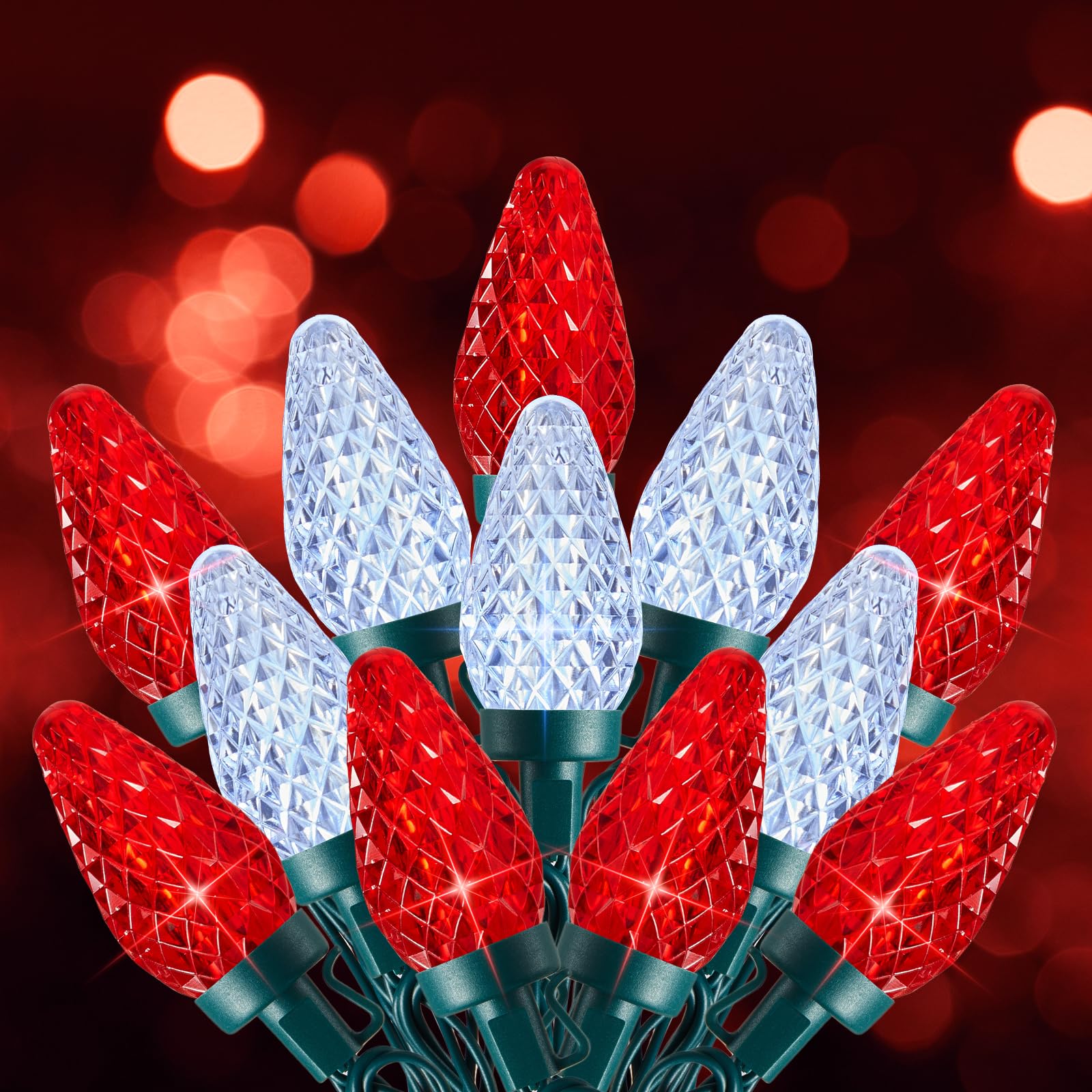 C9 Christmas Lights Outdoor, 66 FT 100 LED Connectable C9 String Lights with 8 Modes and Timer Xmas Tree Patio Roofline Garden Yard Holiday Party Indoor Outdoor Decoration, Red and White
