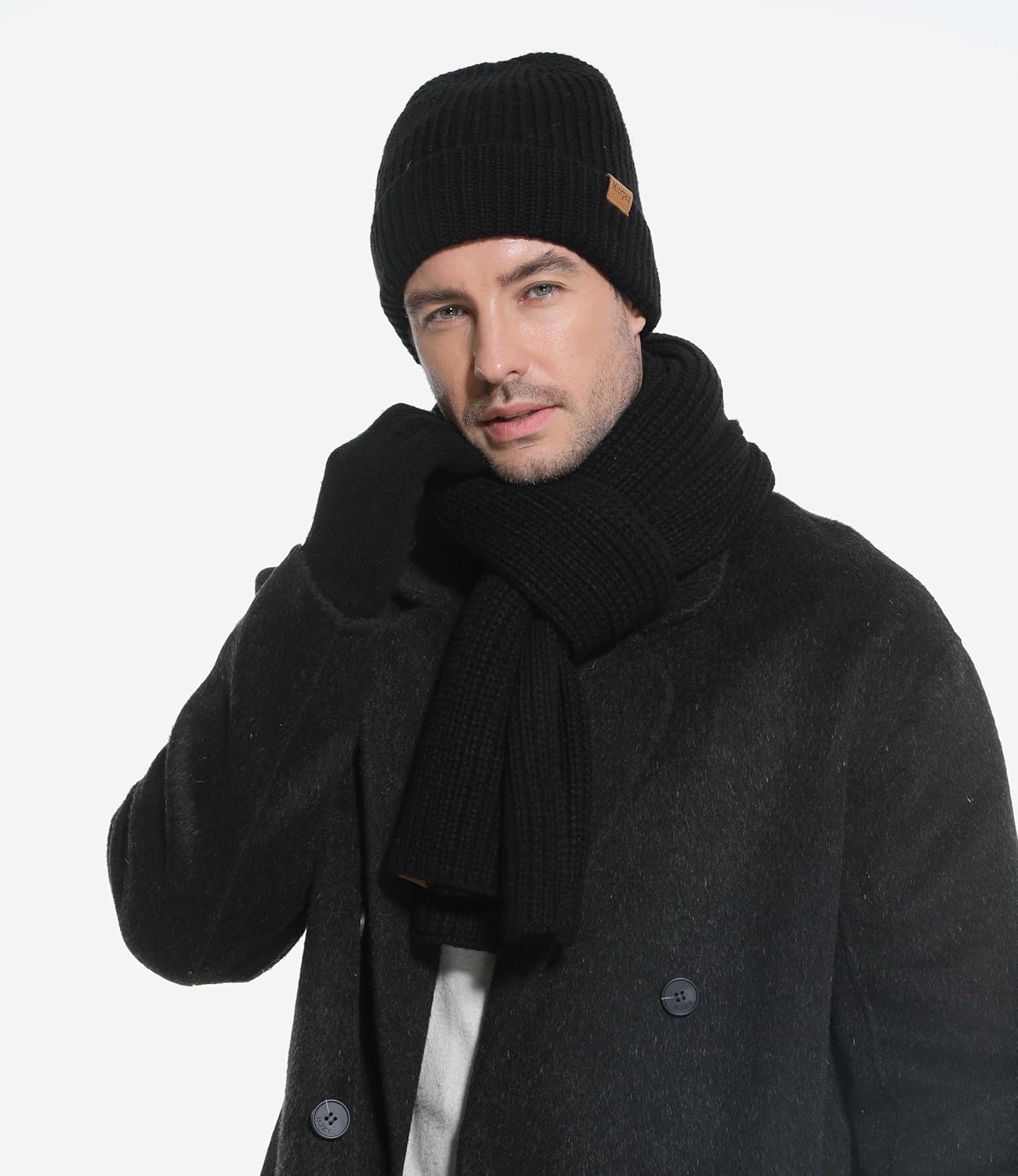 Mens Winter Beanie Hat Touchscreen Gloves Long Scarf 3 Set with Warm Fleece Lined Knit Cap Scarves for Men Women