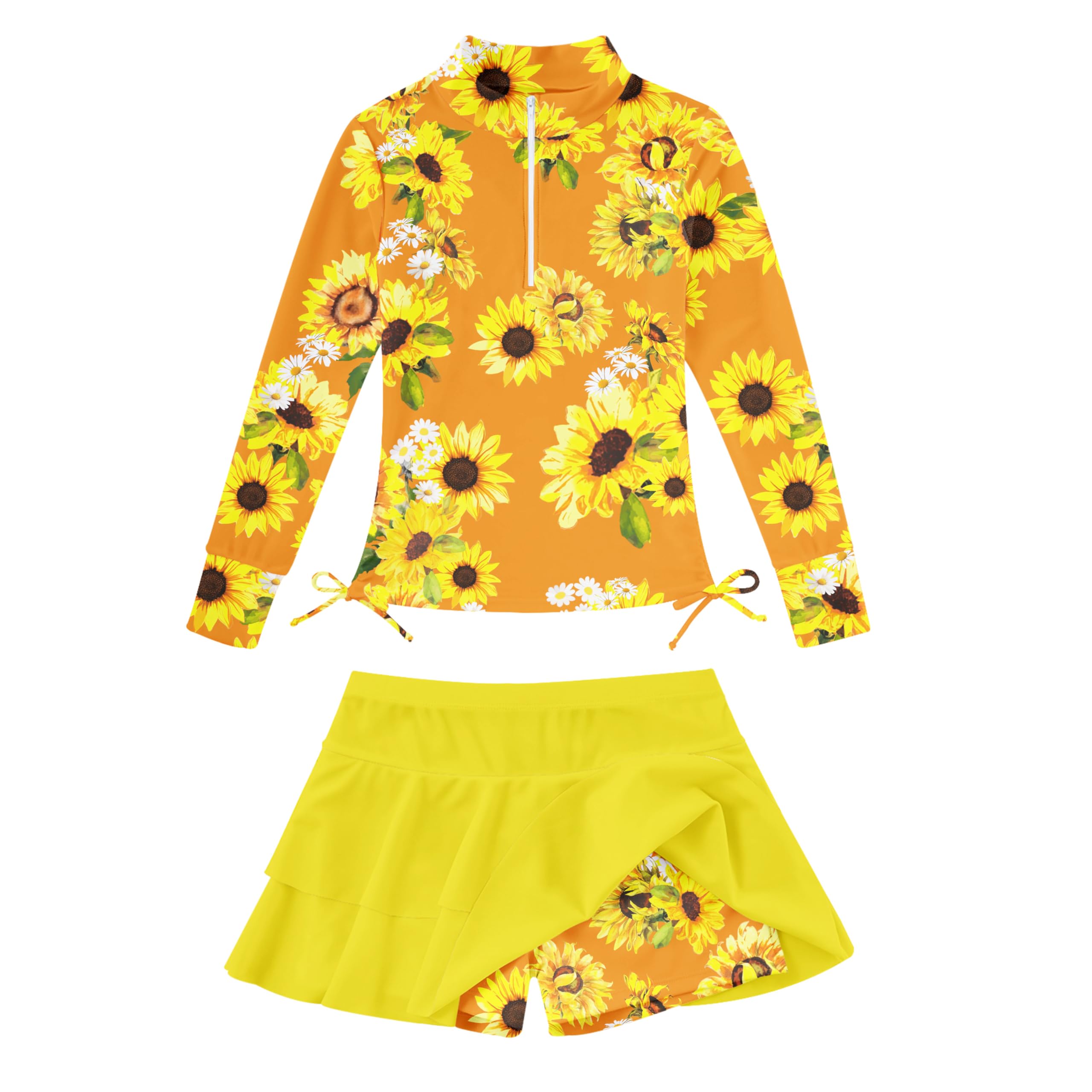 Vogseek 3-12T Girls Rash Guard 2 Pieces Bathing Suit Long Sleeve Swimsuit Swimming Skirt with Shorts Swimwear