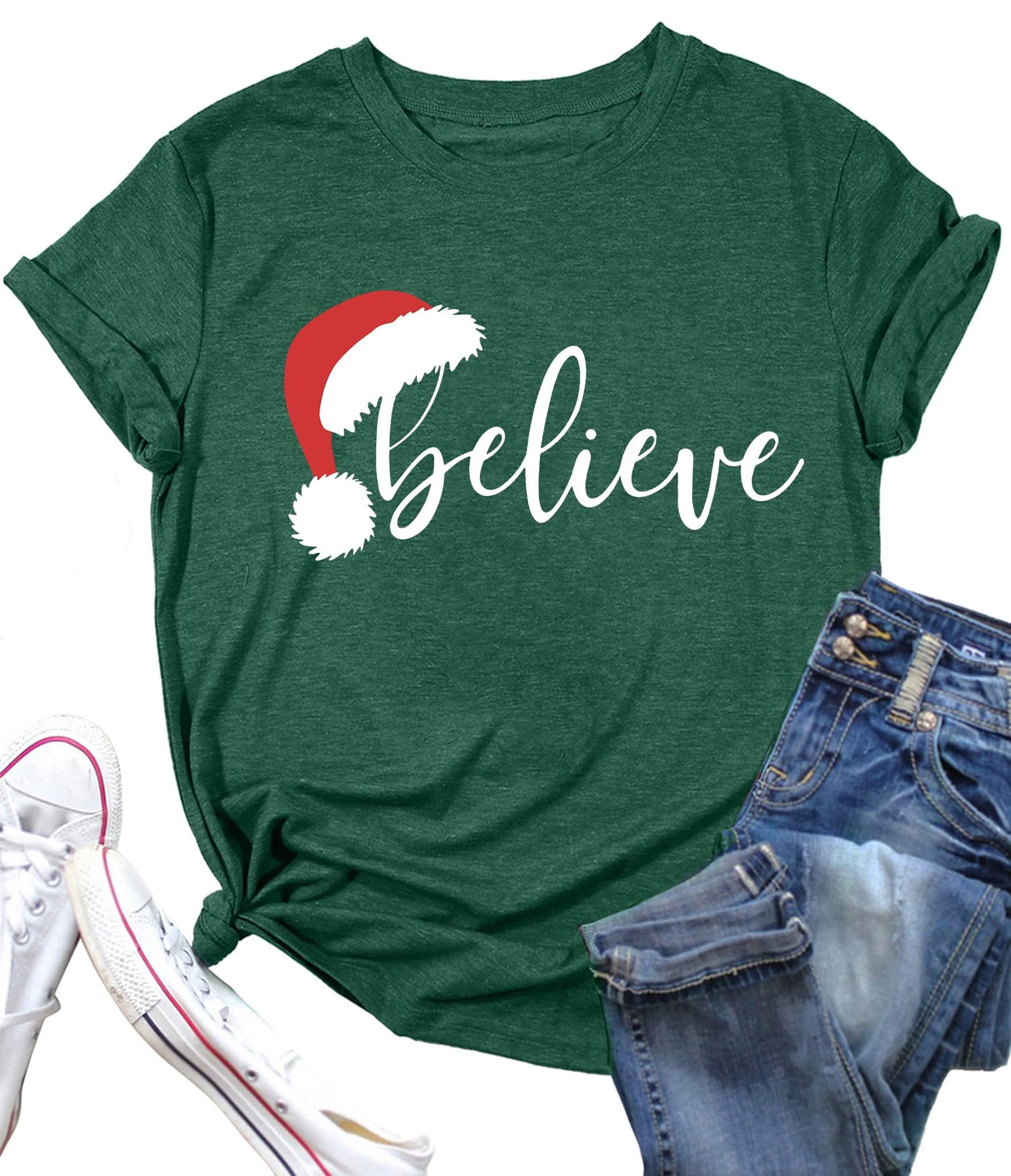 Believe Christmas Shirt for Women Christmas Tree Graphic T-Shirts Believe Letter Print Tees Holiday Tops