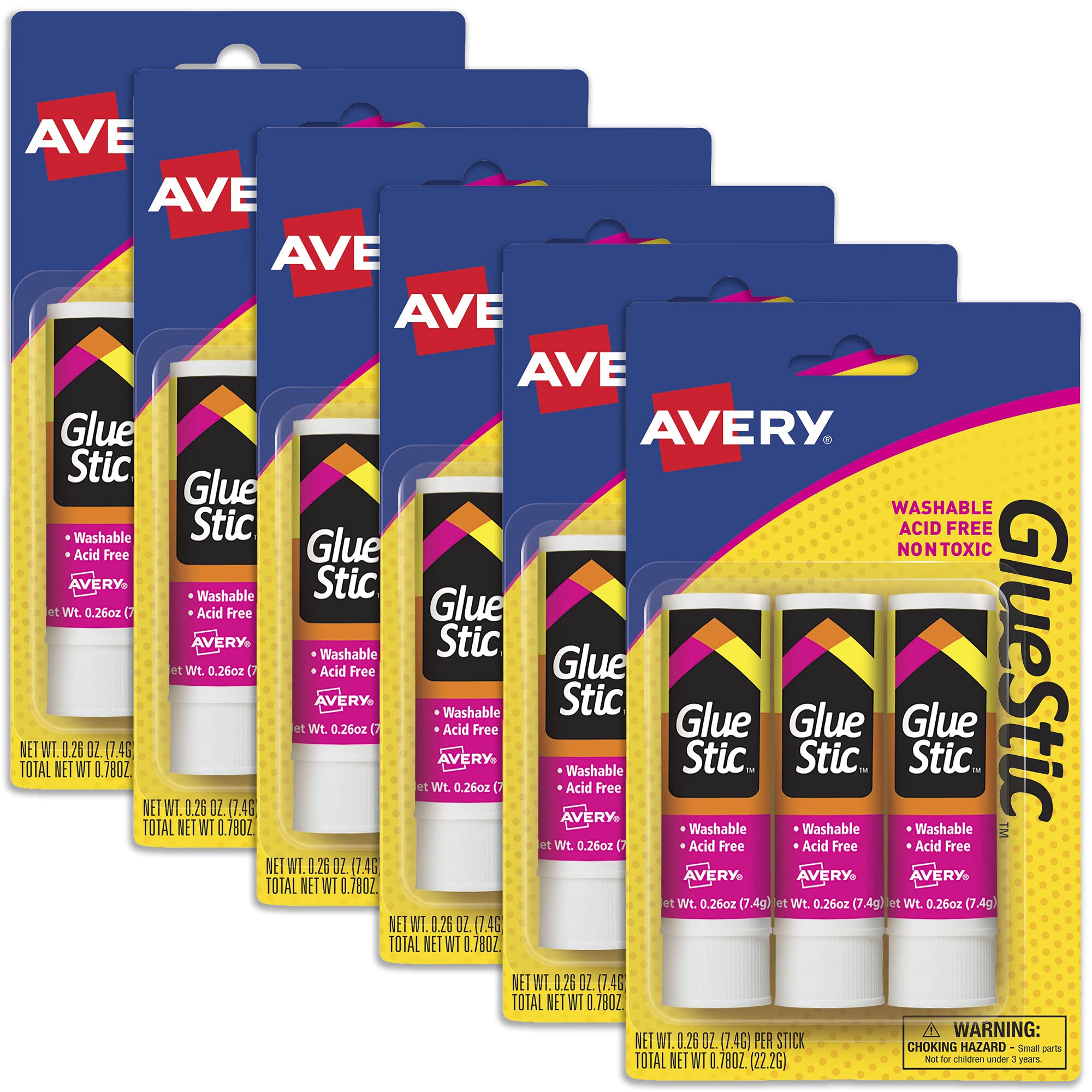 Avery Glue Stick White, Washable, Nontoxic, 0.26 oz. Permanent Glue Stic, 6pk (98095)