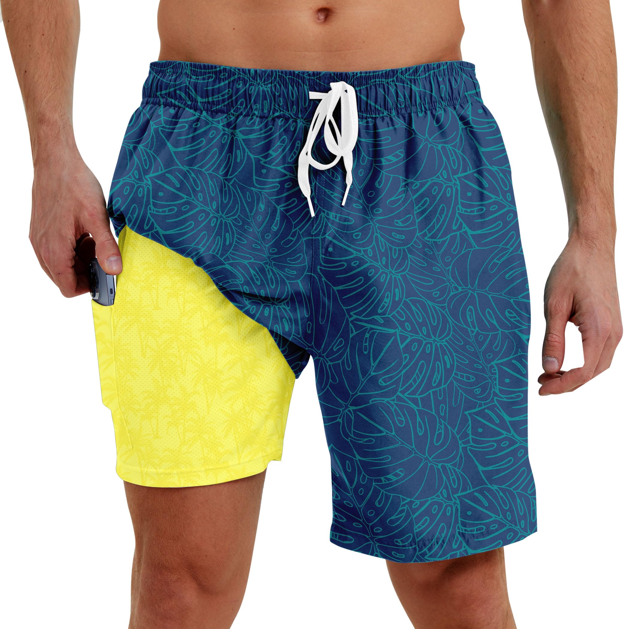 Men Swim Trunks with Compression Liner Men's 2 in 1 Bathing Suits 7 Inch Hawaiian Board Shorts