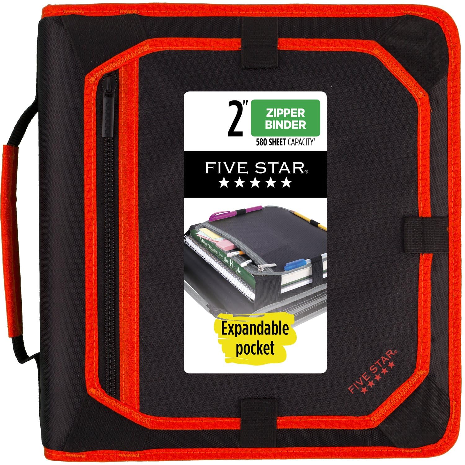 Five Star Zipper Binder, 2 Inch 3-Ring Binder with Round Rings, Expansion Panel and 5-Tab Expanding File, 580 Sheet Capacity, Black/Gray (29052IT8)