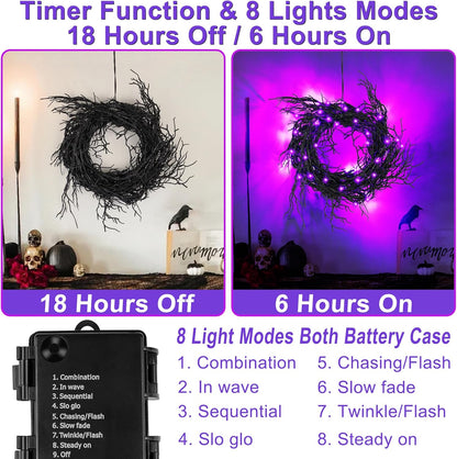 6 FT Halloween Black Garland Willow Vine Twig Decor with Orange & Purple Light, 8 Modes & Timer Battery Operated Waterproof Halloween Decorations Indoor for Mantle Fireplace Home Party Decor