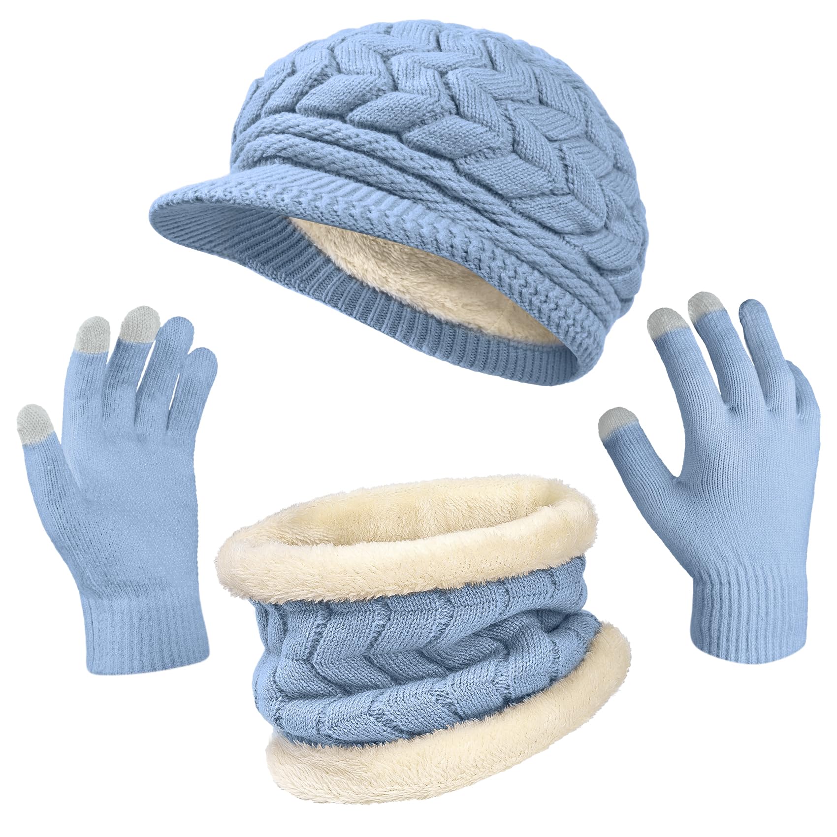 3-Pieces Winter Hat Gloves Scarf Set, Knit Warm Beanie Hat Neck Warmer Touch Screen Mittens for Women