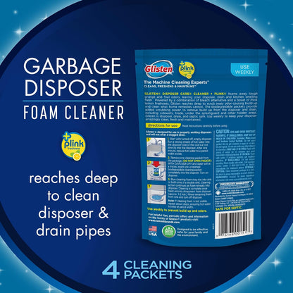 Glisten Garbage Disposer Cleaner and Freshener, Sink Disposal Odor Eliminator with Foaming Action, Lemon Scent, Made in the USA, 4 Packets