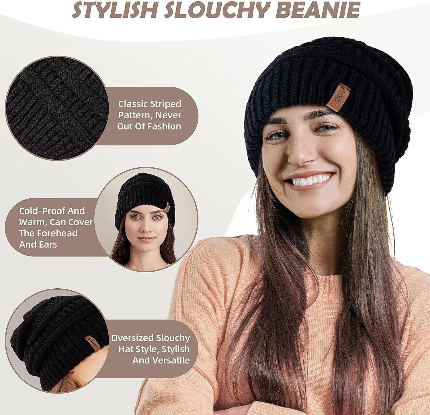 3 Pack Satin Lined Beanie for Women, Warm Slouchy Winter Hats with Silk Lined, Fashionable Oversized Cable Knit Hat Skull Cap
