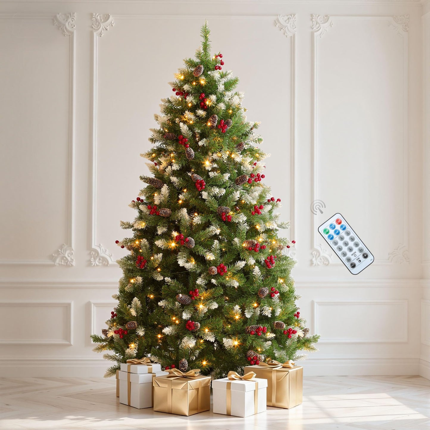 DWVO Prelit Christmas Tree 6ft with 56 Pine Cones & White Pine Needle, Atificial Tree with 250 LED Lights, Full Green Xmaxs Trees with 946 Metal Hinged Branch Tips & Stand Remote Controlled
