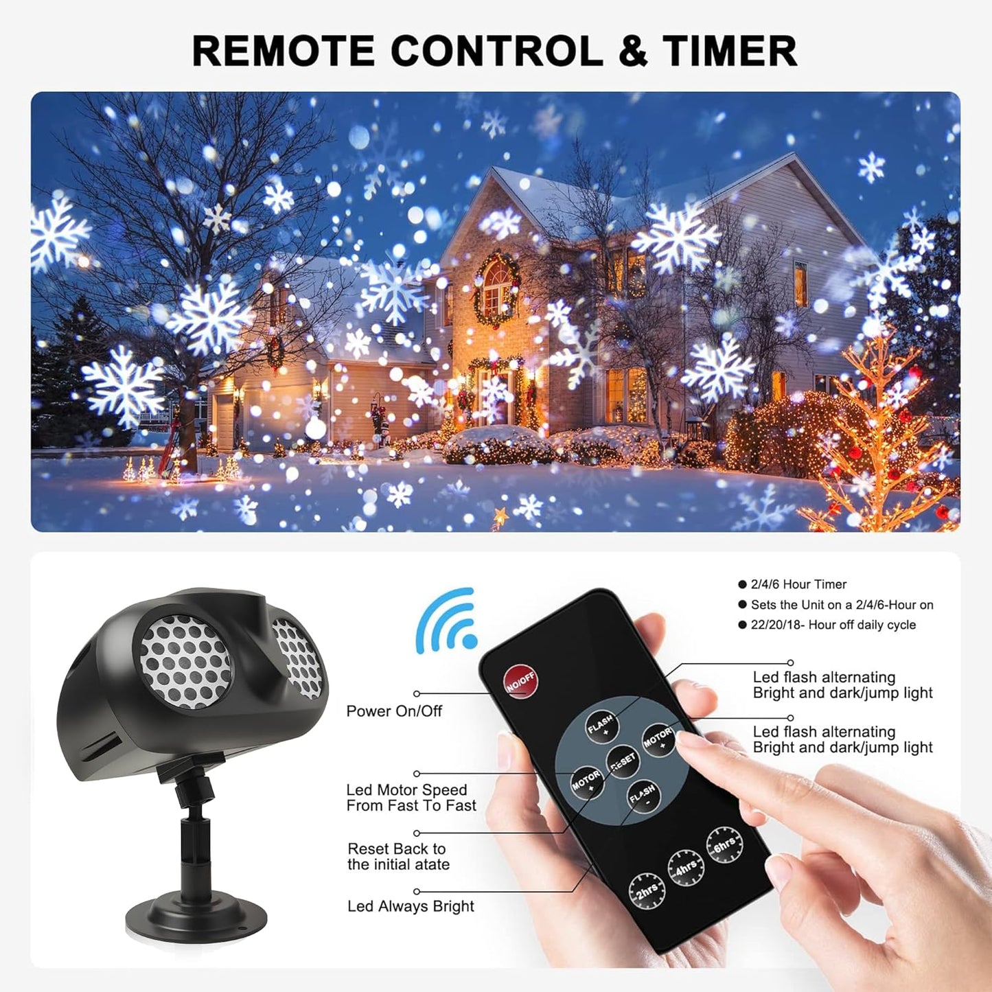 Christmas Snow Projector Lights, Dynamic Rotating Snowflake Projection Light Outdoor, IP65 LED Snow Spotlight Lightning for Halloween Xmas New Year Party Wedding Holiday Garden Decor