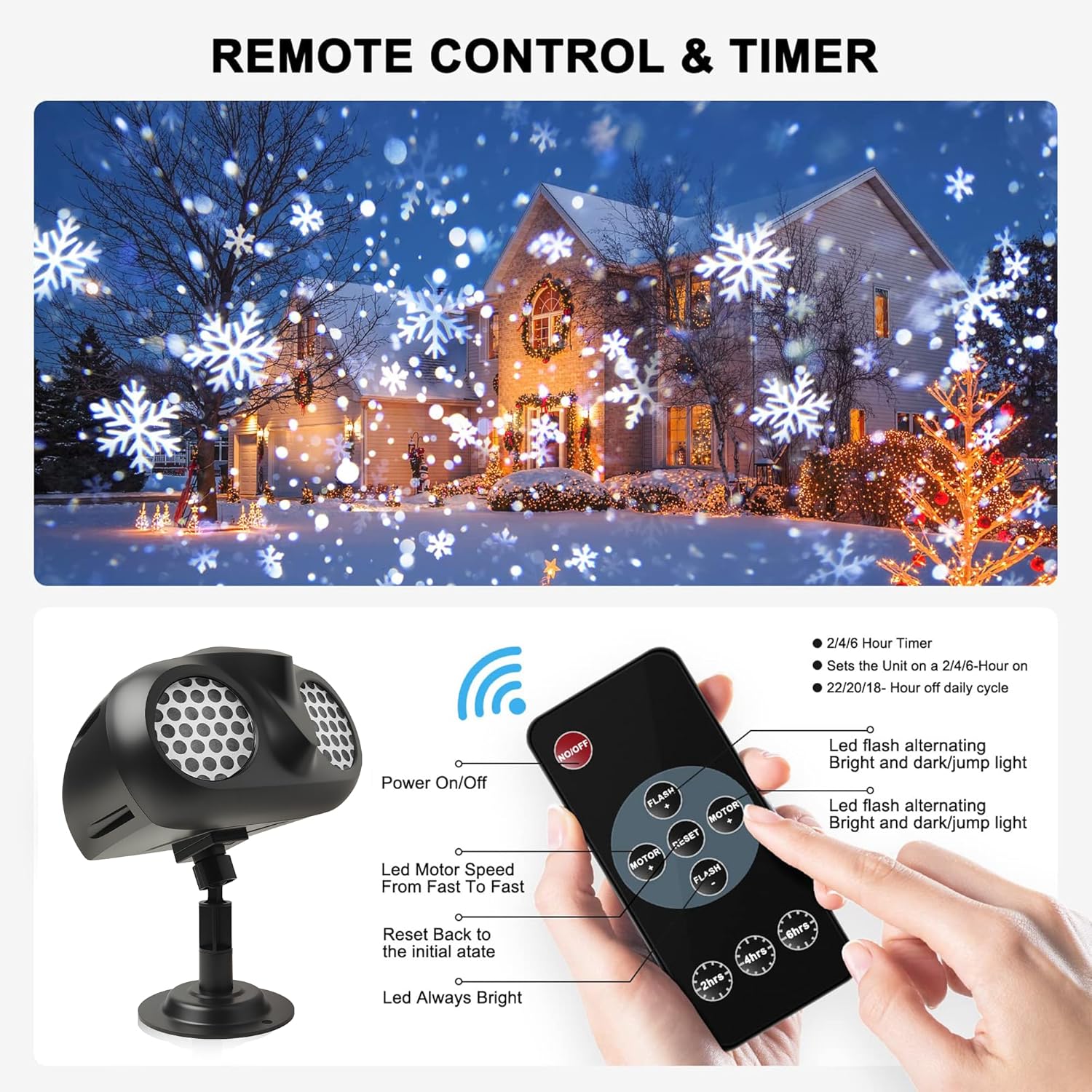 Christmas Snow Projector Lights, Dynamic Rotating Snowflake Projection Light Outdoor, IP65 LED Snow Spotlight Lightning for Halloween Xmas New Year Party Wedding Holiday Garden Decor