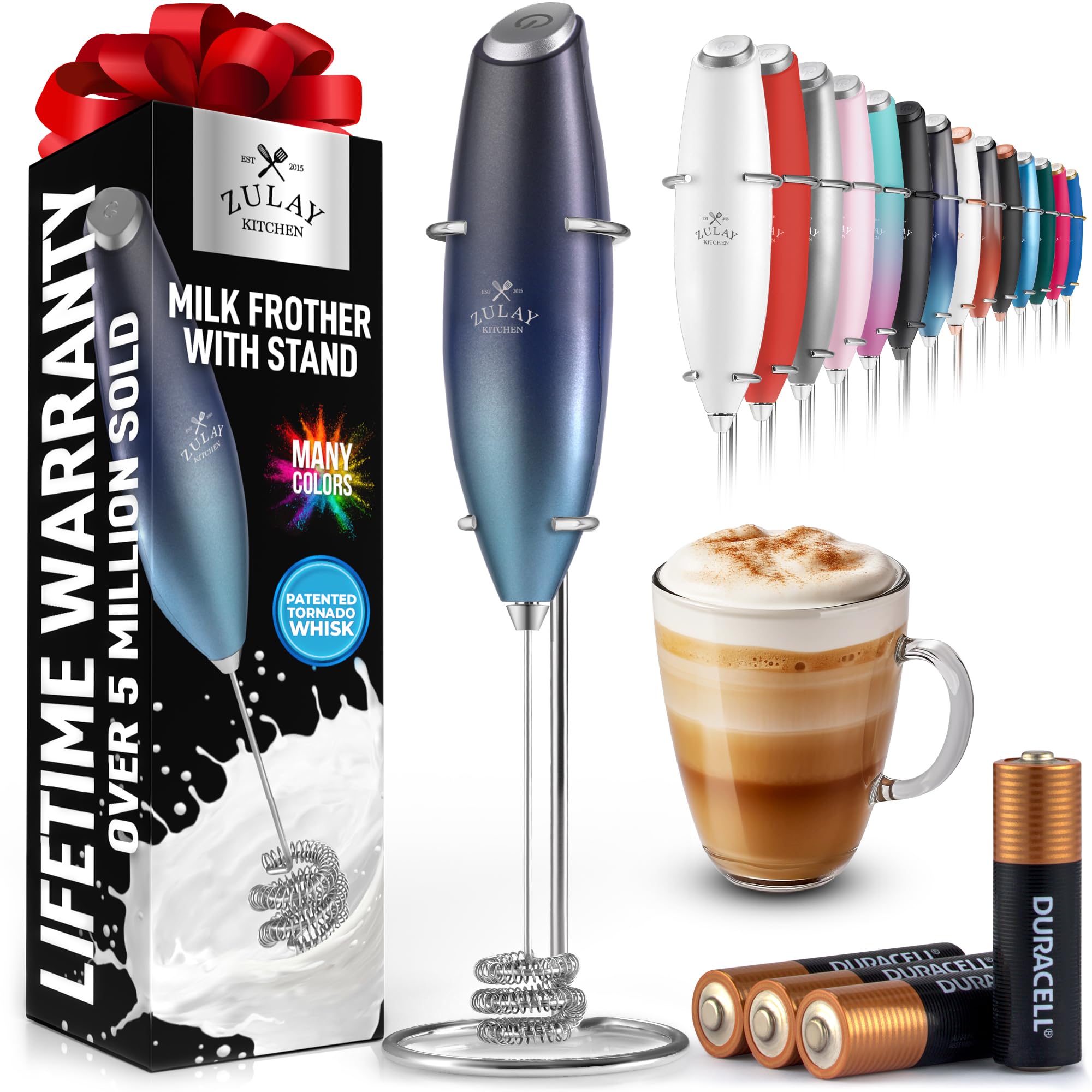 Zulay Kitchen Powerful Milk Frother Wand With 2 Duracell Batteries - Ultra Fast Handheld Drink Mixer - Electric Whisk Foam Maker for Coffee, Lattes, Cappuccino, Matcha, Hot Chocolate & Creamer - Black