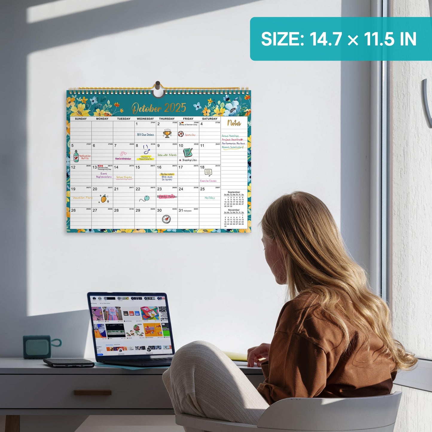 2026 Calendar, Monthly Wall Calendar from October 2025 to June 2027, 11.5" x 14.7", Spiral Binding Hanging Wall Calendar, Perfect for Home or Office,Floral