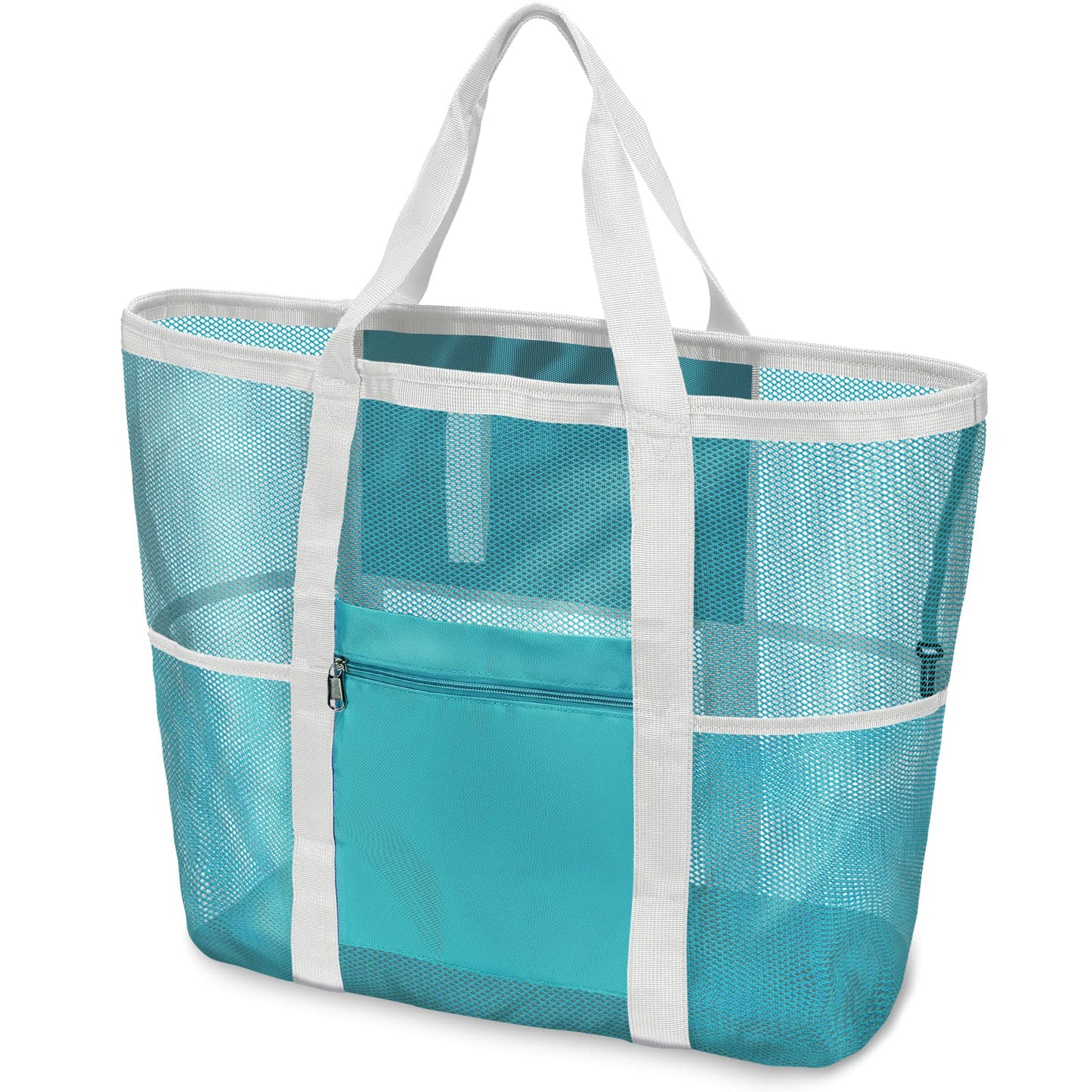 F-color Mesh Beach Bag Family - 9 Pockets Large Beach Tote for Cruise Vacation Essentials
