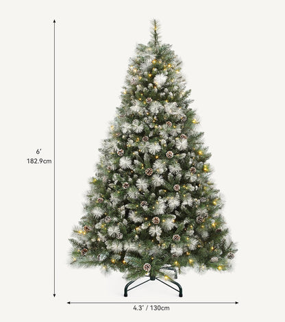 DWVO Prelit Christmas Tree 6ft with 56 Pine Cones & White Pine Needle, Atificial Tree with 250 LED Lights, Full Green Xmaxs Trees with 946 Metal Hinged Branch Tips & Stand Remote Controlled