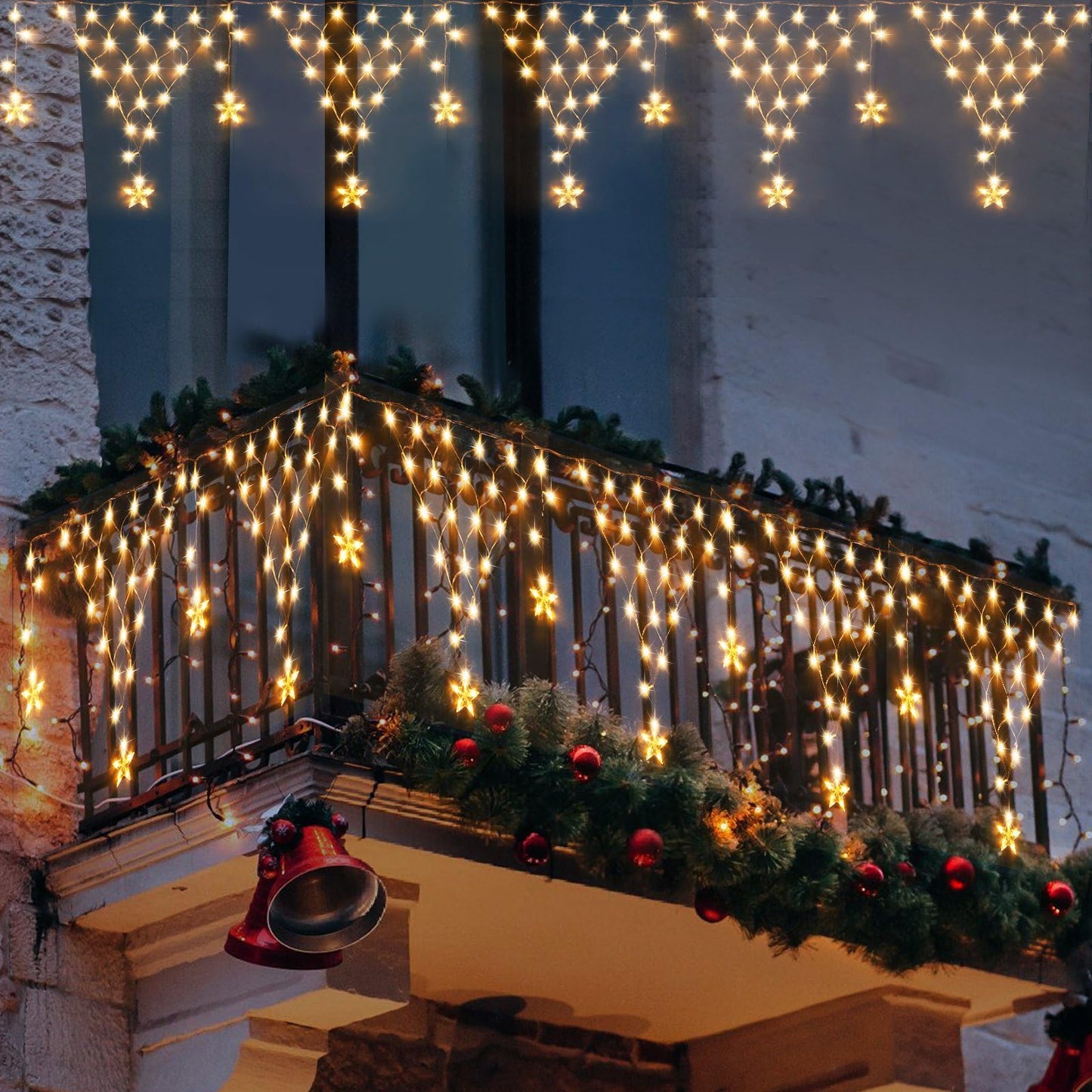 Outdoor Christmas Decorations Lights 13.8ft 200 LED Christmas Lights with 12 Stars,Dimmable Curtain Fairy Light with 8 Modes for Wedding Party Holiday Christmas Decor(White)