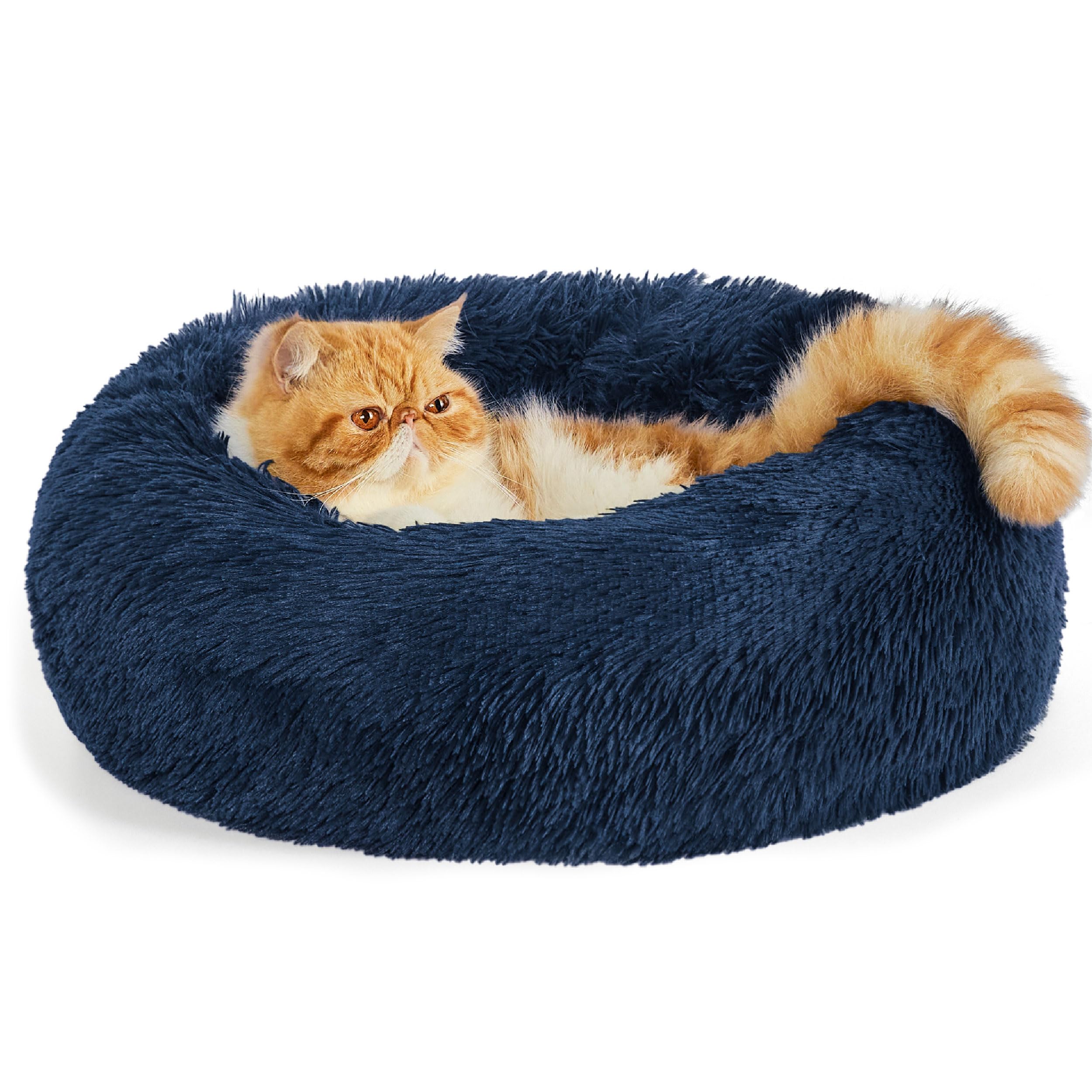 Bedsure Calming Dog Bed for Small Dogs - Donut Washable Small Pet Bed, 23 inches Anti-Slip Round Fluffy Plush Faux Fur Large Cat Bed, Fits up to 25 lbs Pets, Camel