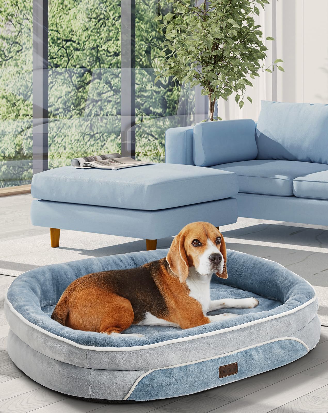 OhGeni Orthopedic Dog Bed Couch for Large Sized Pets with Egg Foam Support, Four-Sided Bolster Cushions, Soft Tear-Resistant Fabric, and Removable Machine Washable Plush Cover 35-Inch (Gray)