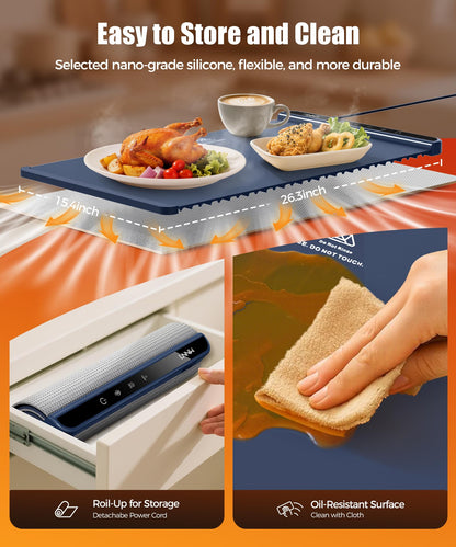 Food Warming Mat with Heat-Resistant Pad, 26X15 Inch, 6 Temperature & 6 Timer Settings, Child Lock Safety,Food Warmer Chafing Dishes for Buffet,Gatherings,Parties,Everyday Use