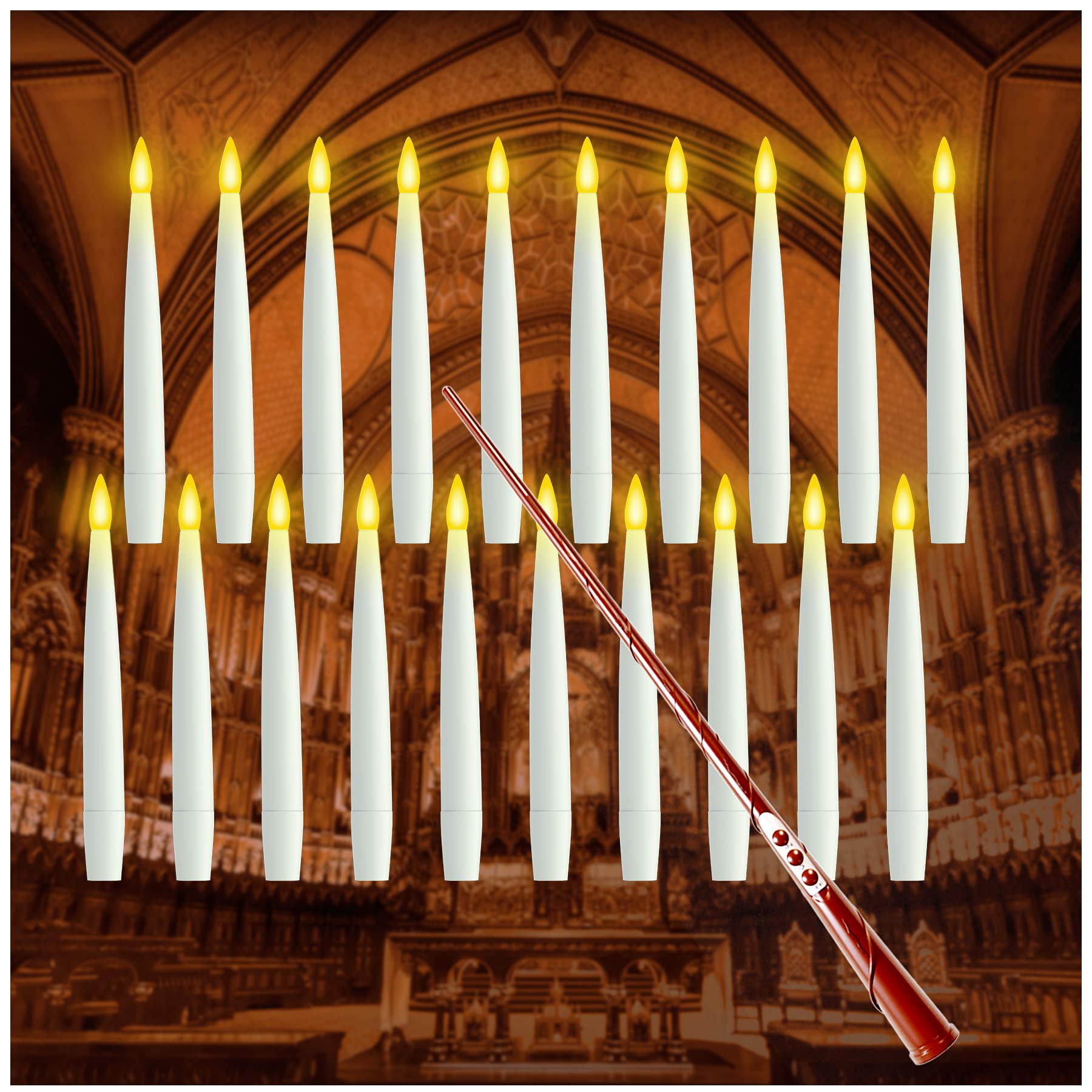 Halloween Decorations, 20 PCs Floating Candles with Wand Magic Hanging Candles, Flickering Warm Light Flameless Floating LED Candle with Wand Remote, Battery Operated Taper Candle Set for Theme Party