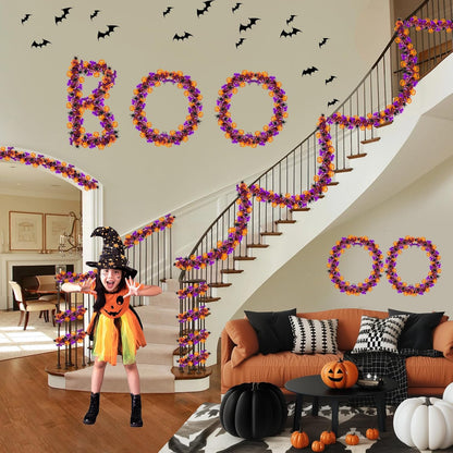 33FT Spooky Halloween Tinsel Garland with Pumpkin Bat Spider Ornament, Shiny Metallic Twist Garland Outdoor Indoor Halloween Decorations for Home Table Office Classroom Fireplace Party Decor