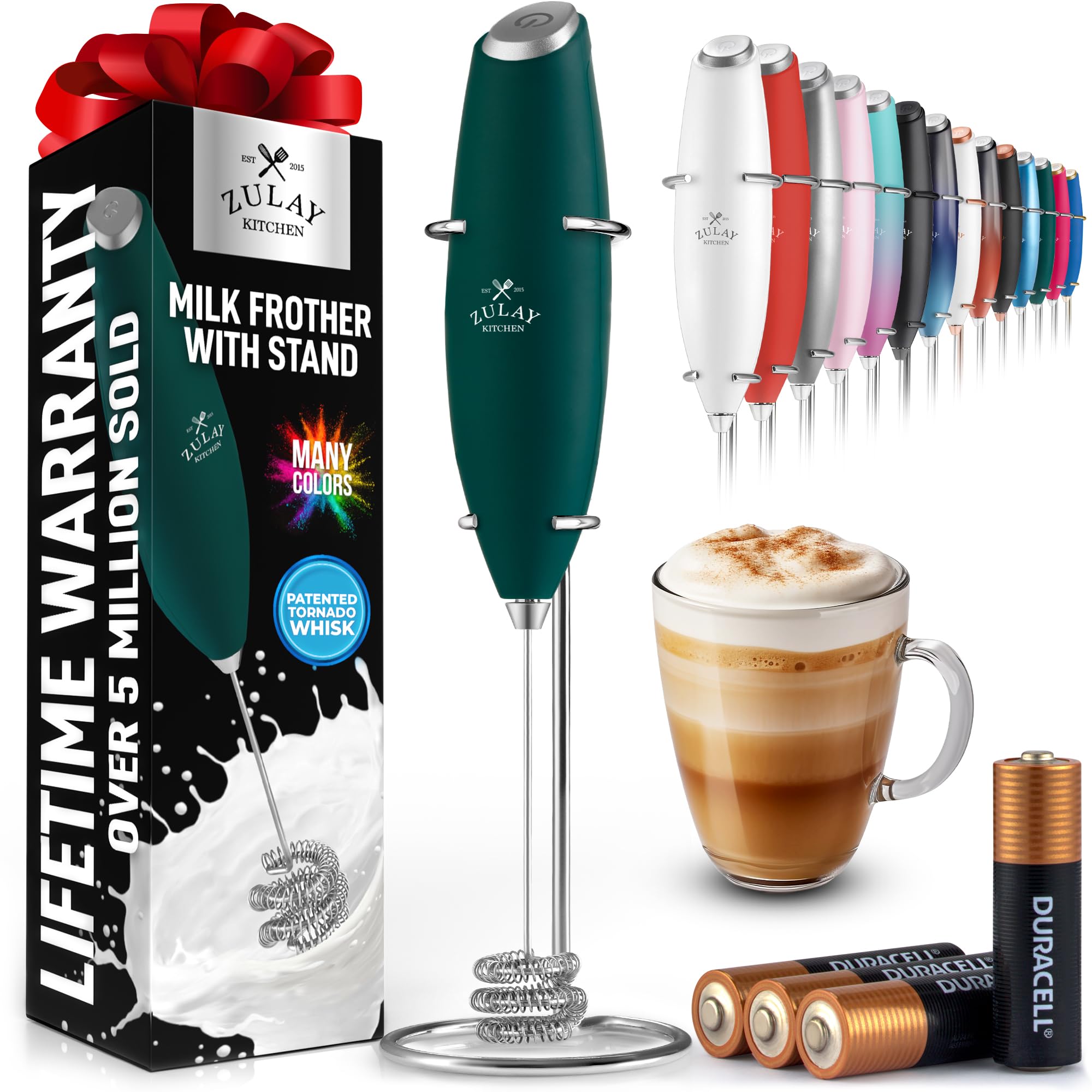 Zulay Kitchen Powerful Milk Frother Wand With 2 Duracell Batteries - Ultra Fast Handheld Drink Mixer - Electric Whisk Foam Maker for Coffee, Lattes, Cappuccino, Matcha, Hot Chocolate & Creamer - Black