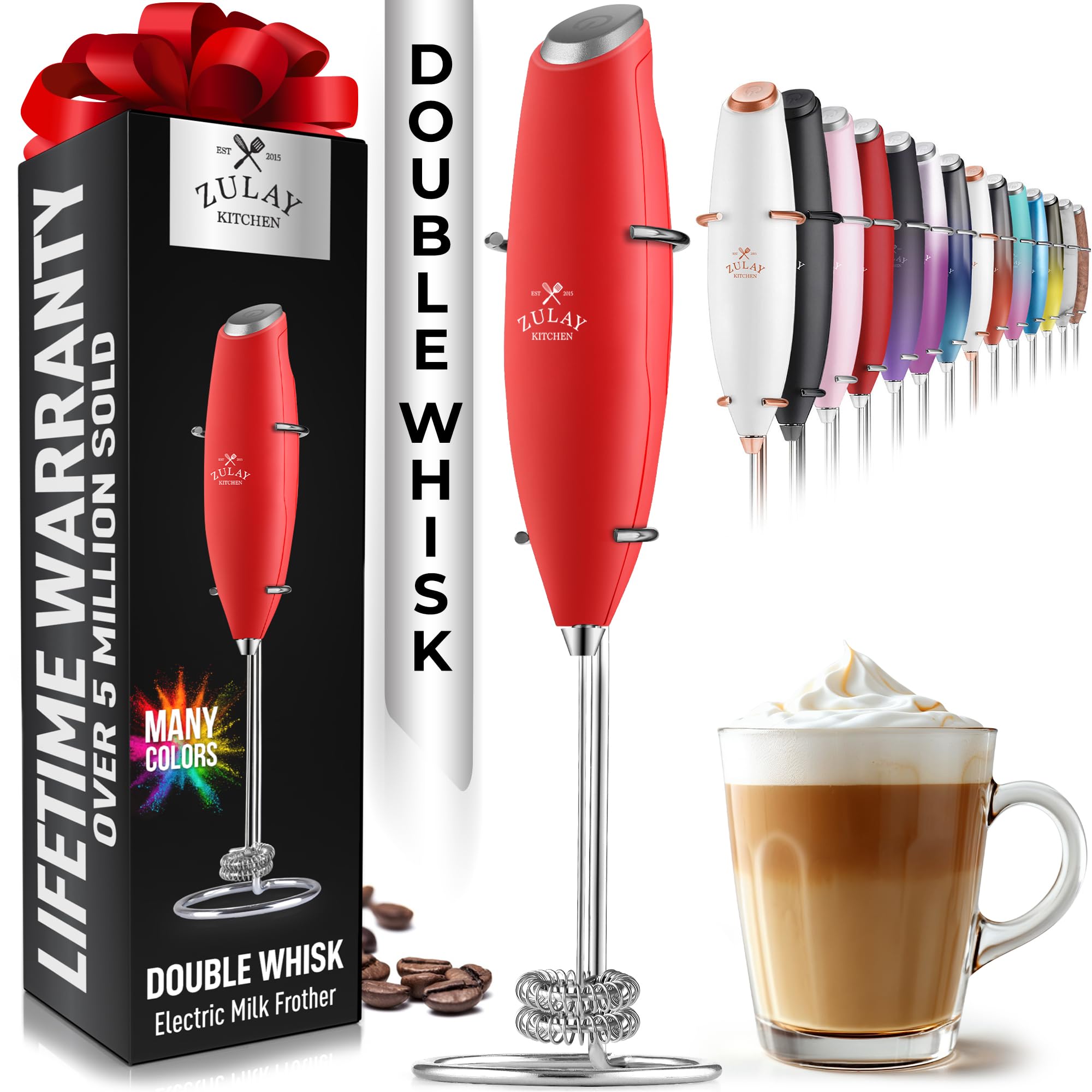 Zulay Kitchen Powerful Milk Frother Wand With 2 Duracell Batteries - Ultra Fast Handheld Drink Mixer - Electric Whisk Foam Maker for Coffee, Lattes, Cappuccino, Matcha, Hot Chocolate & Creamer - Black