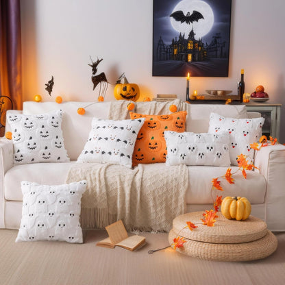 AQOTHES Halloween White Smile Ghost Throw Pillow Covers 18x18 inch Set of 2, Cute Skeleton Pillowcases Holiday Cushions Covers for Halloween Decorations Indoor Home Sofa Couch