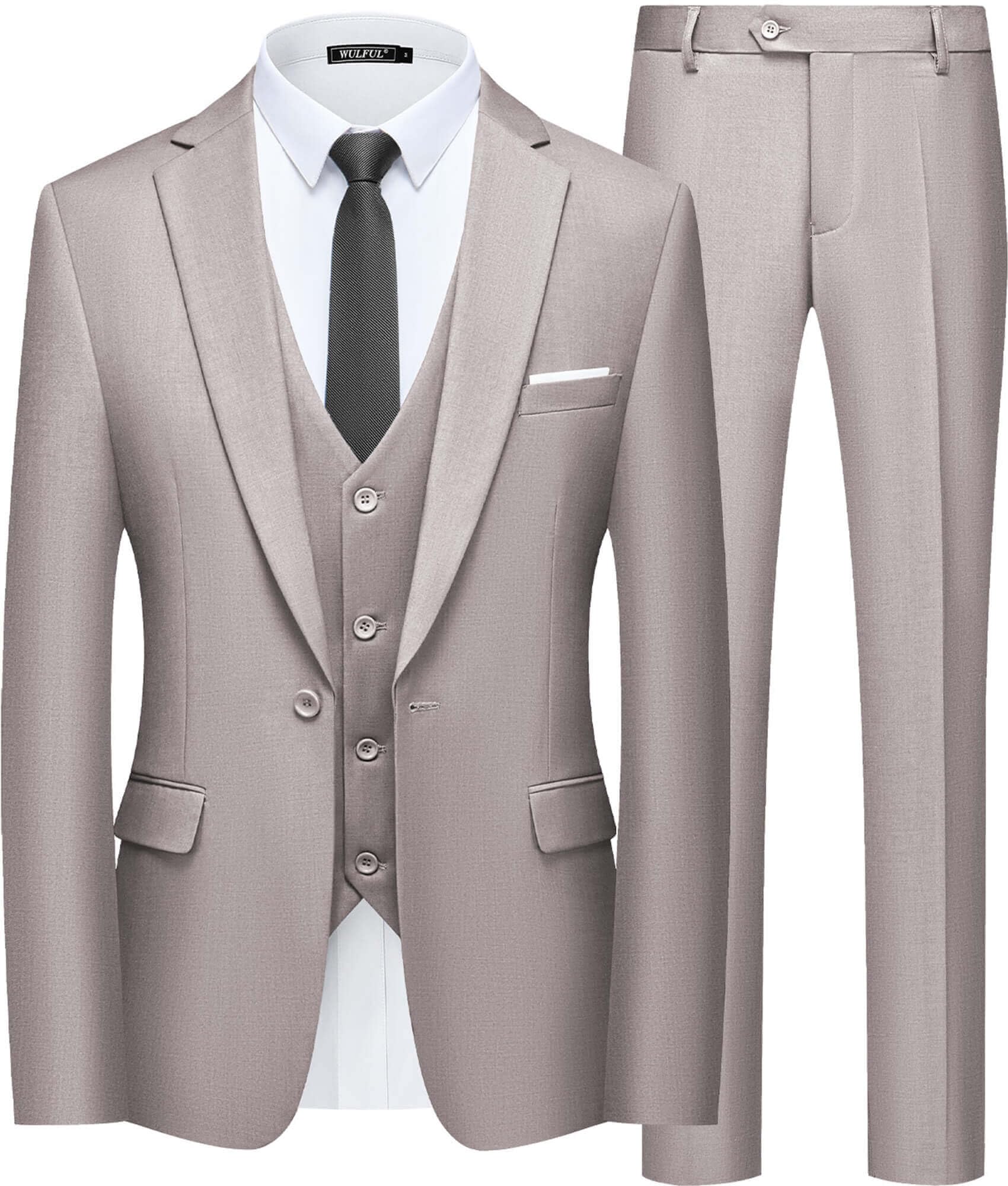 WULFUL Men’s Slim Fit Suit One Button 3-Piece Blazer Dress Business Wedding Party Jacket Vest & Pant