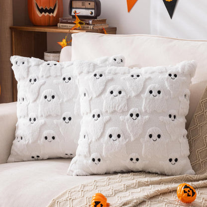 AQOTHES Halloween White Smile Ghost Throw Pillow Covers 18x18 inch Set of 2, Cute Skeleton Pillowcases Holiday Cushions Covers for Halloween Decorations Indoor Home Sofa Couch