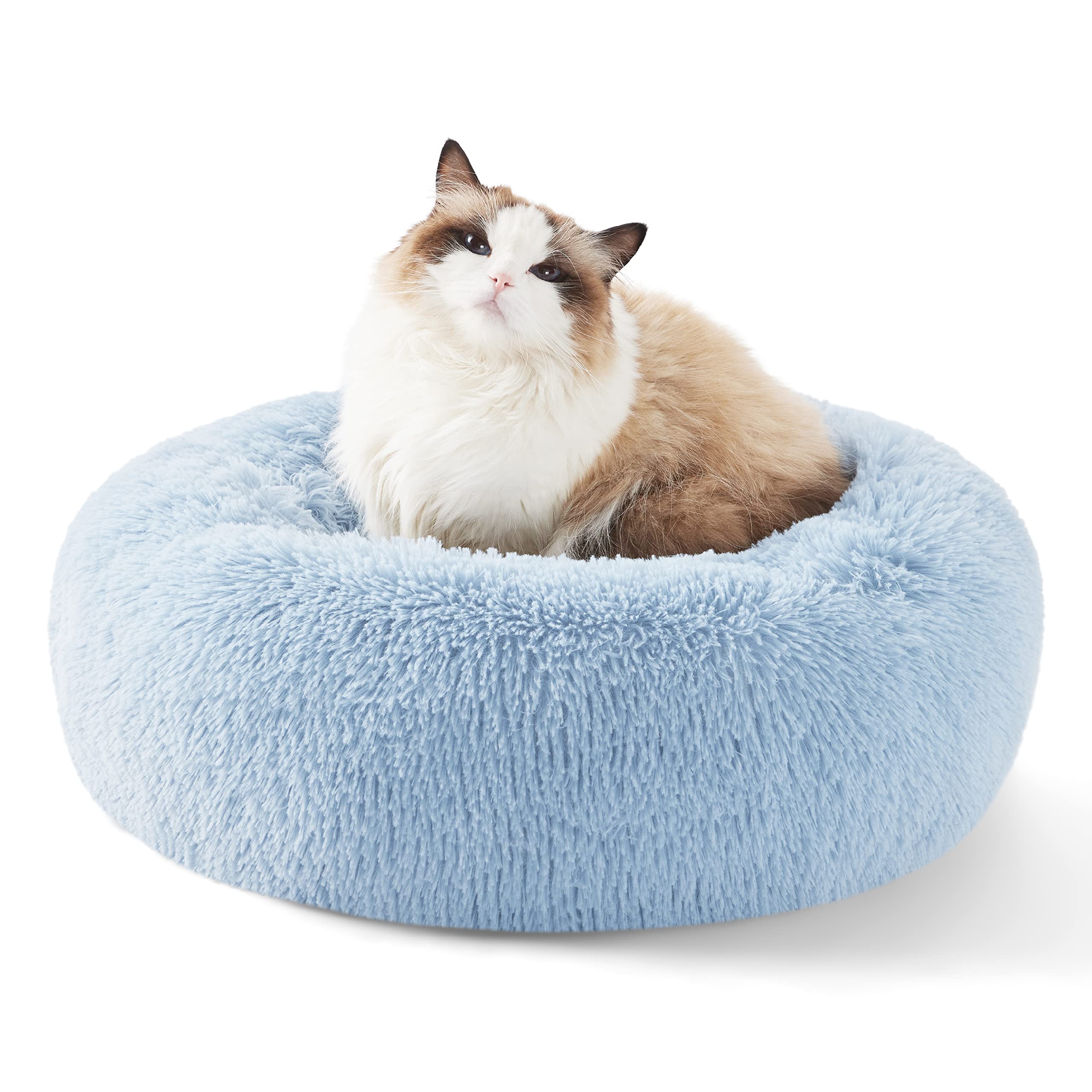 Bedsure Calming Dog Bed for Small Dogs - Donut Washable Small Pet Bed, 23 inches Anti-Slip Round Fluffy Plush Faux Fur Large Cat Bed, Fits up to 25 lbs Pets, Camel