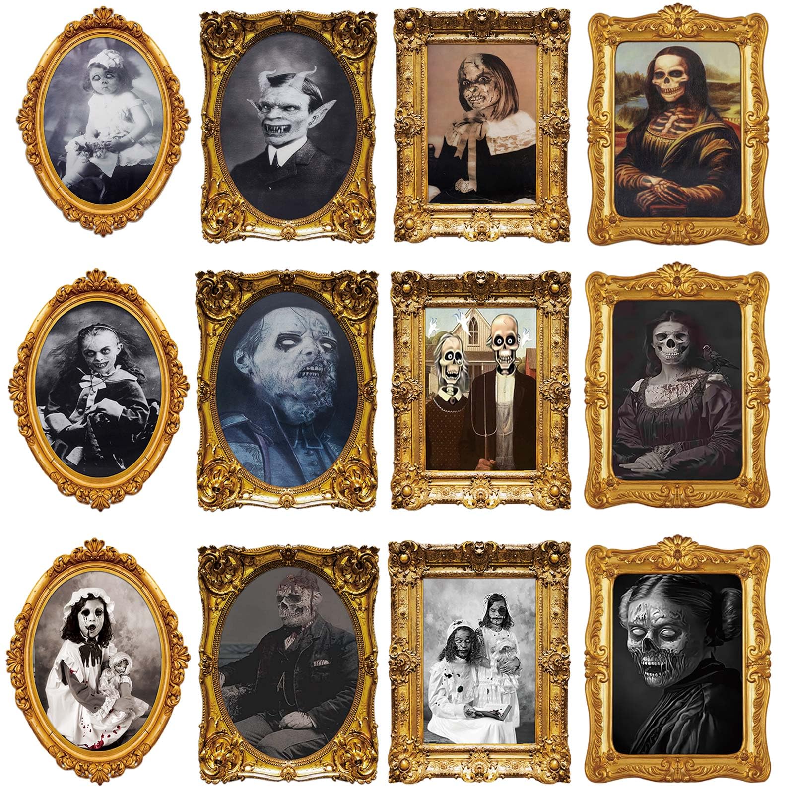 ECGER Halloween Decorations Indoor, Haunted Scary Decor - 3D Changing Face Pictures, Vintage Moving Wall Portraits Frame, For Horror Spooky Party Mansion Castle House Home Decoration(4 Pieces)