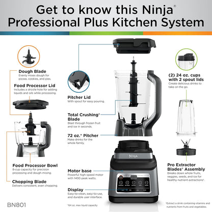 Ninja BN801 Professional Plus Kitchen System, 1400 WP, 5 Functions for Smoothies, Chopping, Dough & More with Auto IQ, 72-oz.* Blender Pitcher, 64-oz. Processor Bowl, (2) 24-oz. To-Go Cups, Grey