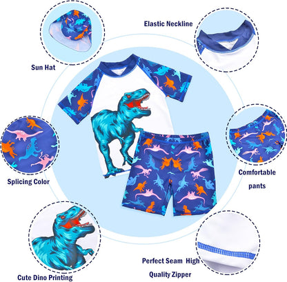 Boys Two Piece Rash Guard Swimsuits Kids Short Sleeve Swimwear Sets Bathing Suit with Sun Hat for 2-6 Years