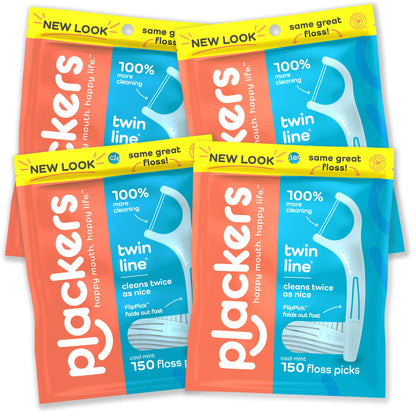 Plackers Twin-Line Dental Flossers, Cool Mint Flavor, Dual Action Flossing System, Easy Storage, Super Tuffloss, 2X The Clean, 75 Count