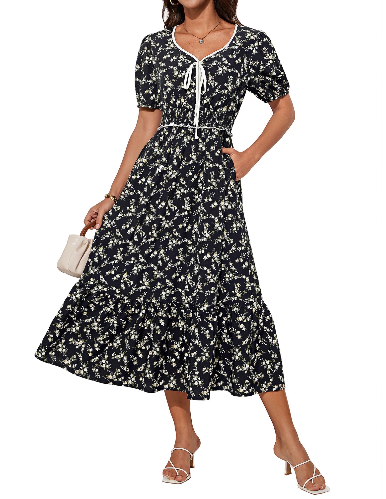GRACE KARIN 2025 Women's Summer Floral Flowy A Line Midi Dresses Elegant Short Sleeve Smocked V-Neck Tiered Dresses