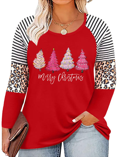 Plus Size Christmas T Shirt Women Xmas Leopard Plaid Trees Print Tees Casual Long Sleeve Holiday Shirts Top