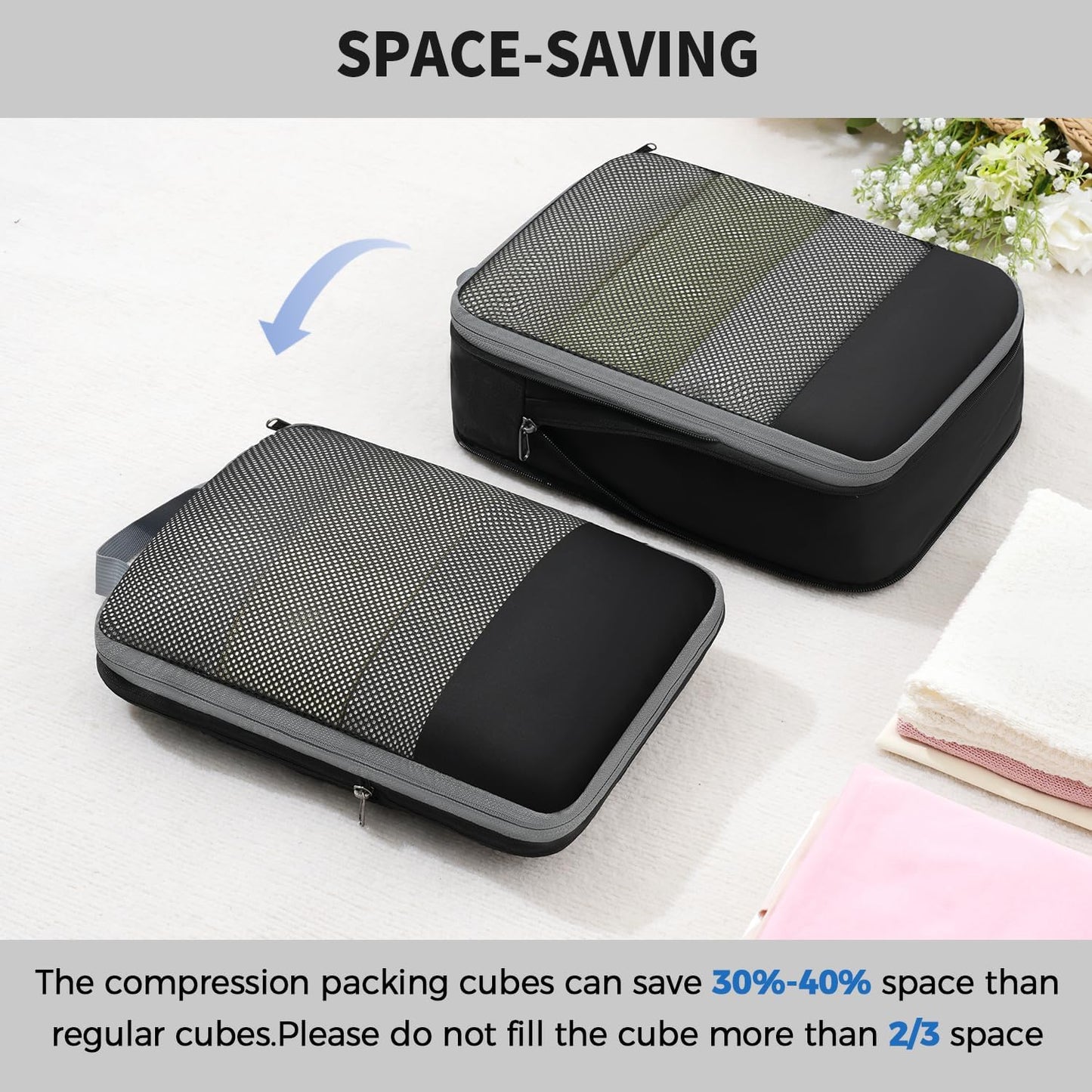 BAGAIL 4 Set/6 Set/8 Set Compression Packing Cubes Travel Accessories Expandable Packing Organizers (Half Mesh, 6-Black)