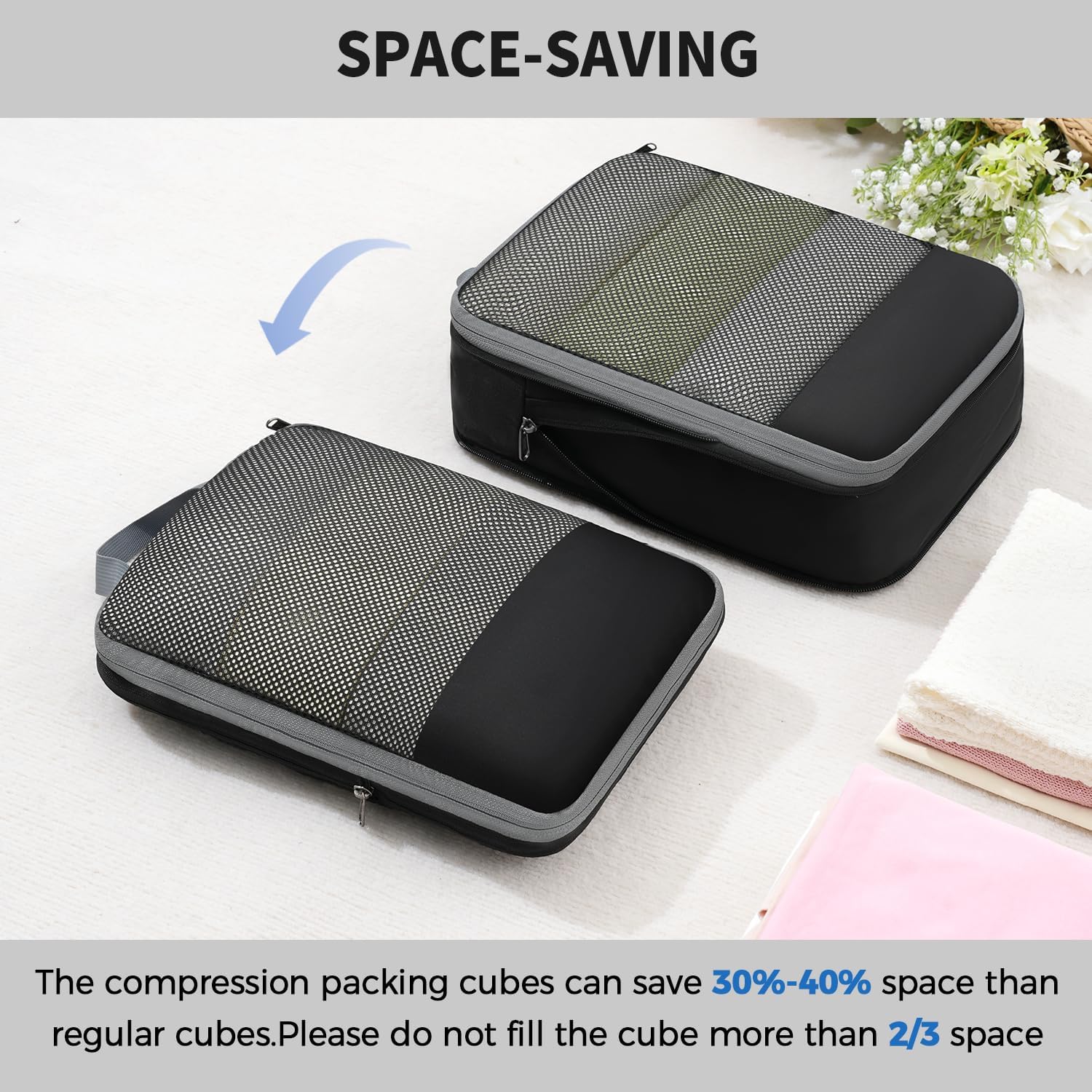 BAGAIL 4 Set/6 Set/8 Set Compression Packing Cubes Travel Accessories Expandable Packing Organizers (Half Mesh, 6-Black)