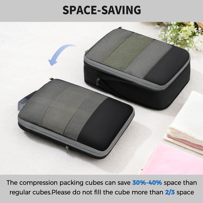 BAGAIL 4 Set/6 Set/8 Set Compression Packing Cubes Travel Accessories Expandable Packing Organizers (Half Mesh, 6-Black)