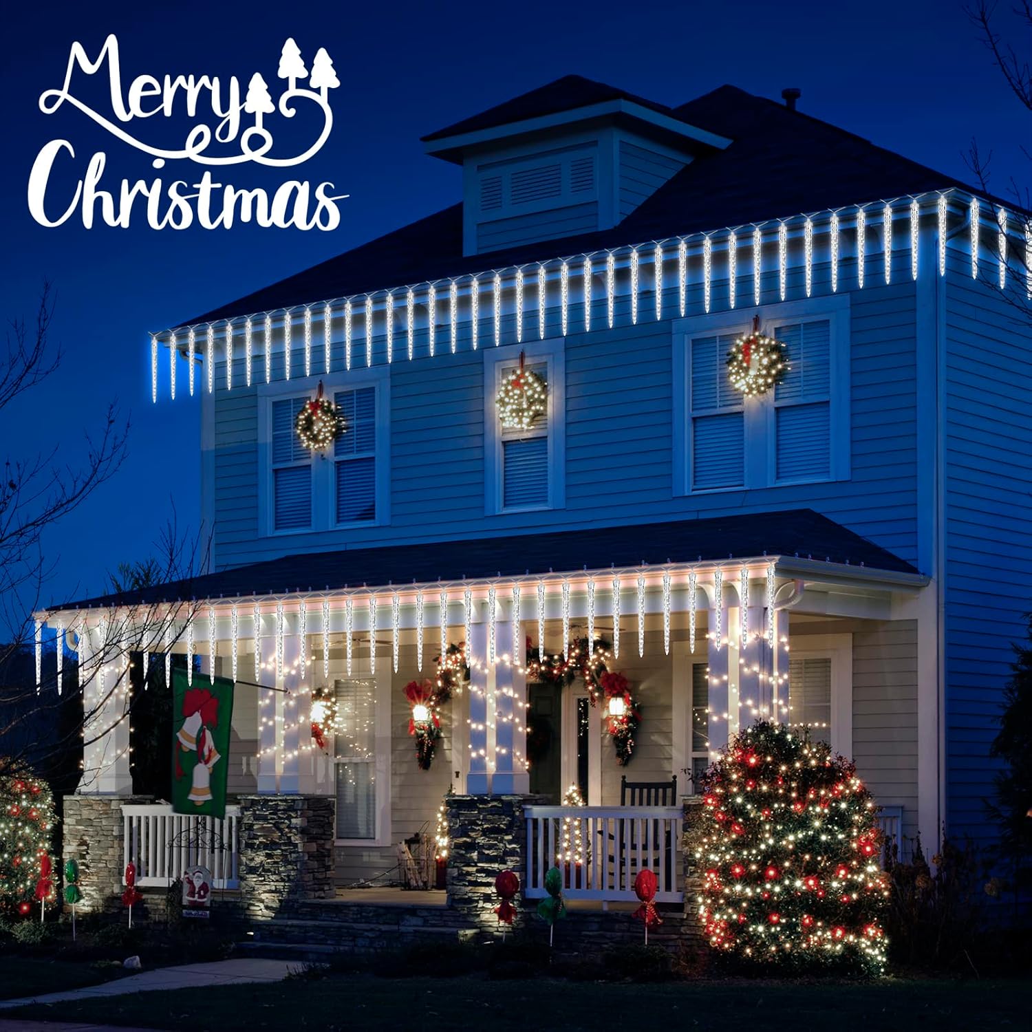 Brightown Christmas Icicle Lights Outdoor, 20ft Meteor Shower Lights with 20 Large Tube 480 LED Dropping Effect, Waterproof Icicle Indoor for Tree Patio Roof Holiday Decor, Cool White