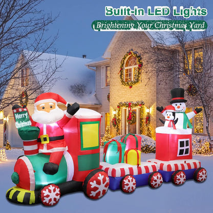 8 FT Christmas Inflatable Train with Santa Claus, Snowman, Penguin, Gift Boxes, Xmas Blow Up Yard Decors with Built-in Led Lights, Lovely Train Carriage for Holiday Display Lawn Garden Party Decor