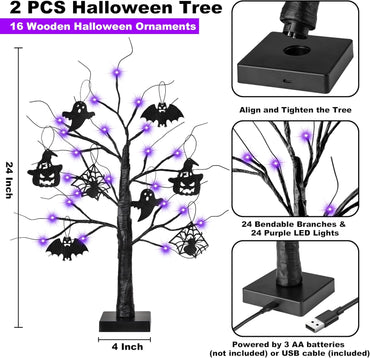 2 Pack 24 Inch Black Halloween Tree with 24 LED Purple Lights, Timer/USB/Battery Operated Halloween Table Decorations Lighted Tree, Cute Halloween Decorations Indoor Home Decor Party Room
