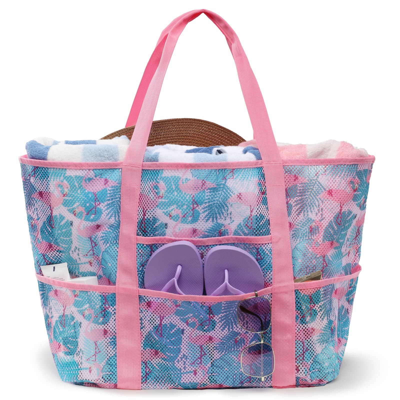 F-color Mesh Beach Bag Family - 9 Pockets Large Beach Tote for Cruise Vacation Essentials